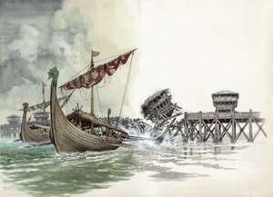 London Bridge wordt afgebroken tijdens de Vikingaanval onder leiding van Olaf de Noorman in 1014