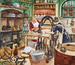 Negentiende-eeuwse keuken (gouache op papier) door Peter Jackson