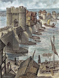 Reconstructie van de oude London Bridge enkele jaren na de bouw, kijkend naar het noordwesten
