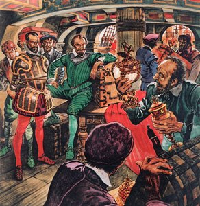 Sir Francis Drake in zijn hut