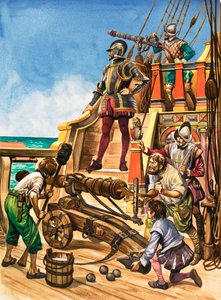 De komst van kanonnen. De kanonbemanning op een Elizabethaans schip door Peter Jackson