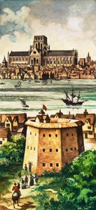 De buitenkant van het Globe Theatre aan de rivier bij Bankside door Peter Jackson