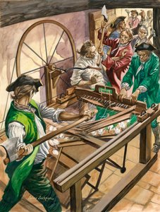 Arbeiders vallen het huis van James Hargreaves in Blackburn aan om zijn uitvinding, de Spinning Jenny, te vernietigen door Peter Jackson