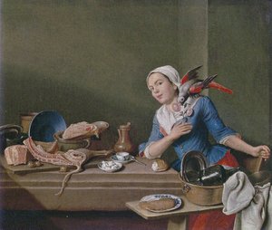 Keukenstilleven met vrouwenfiguur en papegaai (Het gevoel)
Alternatieve titel(s):

Het Gevoel door Peter Jacob Horemans