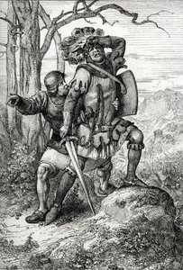 Hertog Leopold I van Oostenrijk, Heer van Habsburg gered door een van zijn metgezellen bij de Slag bij Morgarten op 15 november 1315 tegen de Zwitserse confederaten, Zwitserland door Peter Johann Nepomuck Geiger
