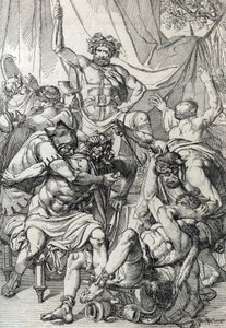 Heptarchie: voorstelling van de Angelsaksische leider Hengist (5e eeuw) die zijn vijanden doodt om het koninkrijk Kent te stichten, circa 461 (tekening met veer)