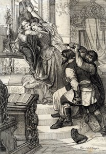 Moskou-opstand van 1682 (opstand van de streltsy van 1682): Tsarina Natalia Narychkina beschermt haar zoon prins Peter (1672-1725) tegen aanvallen van de streltsy, Rusland