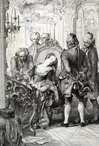 Koningin Caroline Mathilde van Denemarken (1751-1775) gedwongen om de scheidingsdocumenten te ondertekenen na haar buitenechtelijke avontuur in 1772 door Peter Johann Nepomuck Geiger