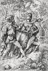 Koningin van Engeland Margaret van Anjou (1430-1482) en haar zoon Edward gered door een rover tijdens hun vlucht na de triomf van de Yorkisten door Peter Johann Nepomuck Geiger