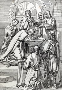 Voorstelling van Sint-Augustinus van Canterbury (overleden 604), door paus Gregorius de Grote in 596 naar Engeland gestuurd om de Angelsaksen te bekeren - Hij staat hier voor Ethelbert, Angelsaksische koning van Kent (552? -616) die hij in 597 doopte
