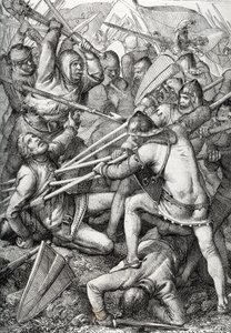 De Slag bij Sempach gevochten op 9 juli 1386, tussen Leopold III, Hertog van Oostenrijk en de Oude Zwitserse Confederatie, tekening uit “Historische Memorabilian des In-und Auslandes” door Anton Ziegler door Peter Johann Nepomuck Geiger