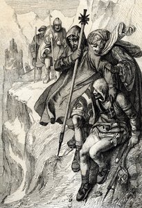 De koning van de Romeinen Hendrik IV passeert de pas van de Mont Cenis om de Alpen over te steken en naar de gravin Mathilde van Toscane te gaan in Canossa waar paus Gregorius VII, januari 1077 door Peter Johann Nepomuck Geiger