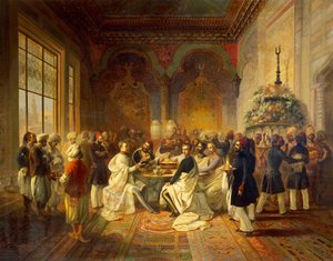 Lunch in Smyrna door Halim Pasha, illustratie uit De reis van Maximiliaan van Habsburg en zijn broer Charles Louis in de Middellandse Zee, door Peter Johann Nepomuk Geiger