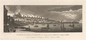 Een uitzicht op een deel van Londen zoals het verscheen tijdens de Grote Brand van 1666 door Peter Mazell