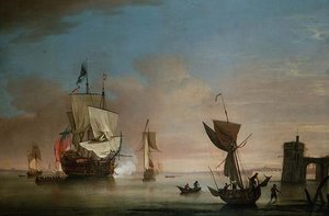 Het ochtendkanon, tweedekker oorlogsschip met andere schepen door Peter Monamy