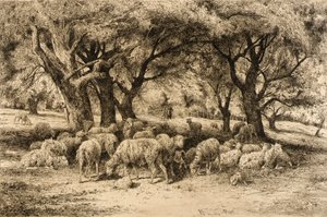 (Een boomgaard in New England) door Peter Moran