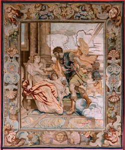 Vlaamse wandtapijt. Serie Geschiedenis van de consul Decius Mus. Mars verschijnt aan Rhea Silvia (Aparición de Marte a Rea Silvia). Achtste wandtapijt in de serie. Model P P Rubens. Fabriek Jan Raes II, Brussel. Ca1620-1629. Stof Goud, zilver, zijde en wol door Peter Paul (after) Rubens