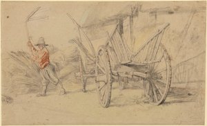Een man dorst naast een wagen, boerderijgebouwen erachter door Peter Paul Rubens