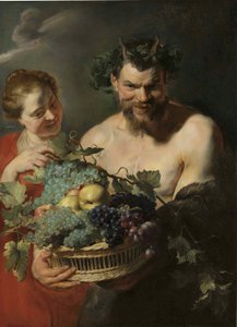 Een sater met een mand druiven en kweeperen en een nimf, door Peter Paul Rubens door Peter Paul Rubens