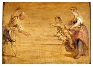Keukenmeid, slager en jongen rond een tafel door Peter Paul Rubens