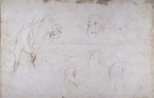 Studies van een mannelijk figuur vastgebonden aan een boom en van twee mannelijke hoofden, c.1601 door Peter Paul Rubens