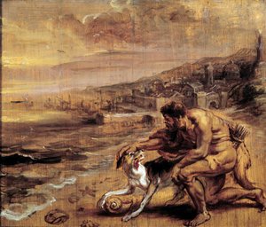 De ontdekking van het purper Een Feniciër vindt dankzij zijn hond een schelp (Murex) die de rode kleurstof produceert. Wassen schilderij door Pierre Paul (Pierre-Paul) Rubens (of Peter Paul of Petrus Paulus) (1577-1640) 17e eeuw Sun. 0,28x0,34 m Bayonne, M door Peter Paul Rubens