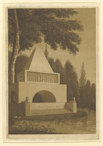 Tempelmonument in een park aan een meer