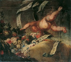 Putto met Bloemen, Vruchten en Spreukband door Peter Strudel