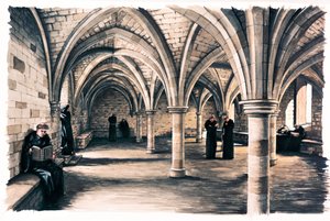 Monniken in de gemeenschappelijke ruimte van Battle Abbey, East Sussex, 12e eeuw c. 1990-2010