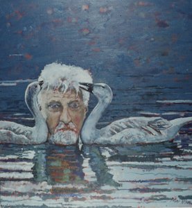 Conrad Lorenz met ganzenkuikens, 2000 (olieverf op doek) door Peter Wilson