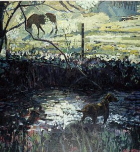 Pony en hond in een veld, 2000 (olieverf op doek)