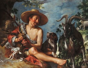 Een herder die op een heuvel fluit, een hond en zijn kudde in de buurt
