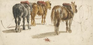 Drie Trekpaarden in Sporen, Achteraanzicht door Peter de (attr.) Wint
