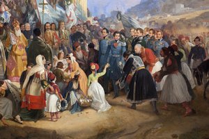 De intocht van koning Othon I van Griekenland in Athene, verwelkomd door de menigte voor de tempel van Hephaistos