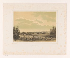 Gezicht op weiland met korenschoven bij landgoed Larenberg door Petrus Josephus Lutgers