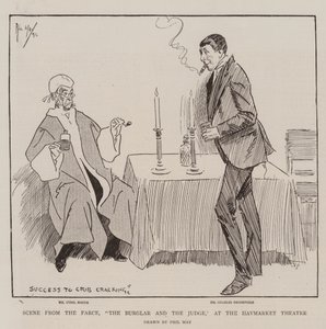 Scène uit de klucht, De inbreker en de rechter, in het Haymarket Theatre door Phil May
