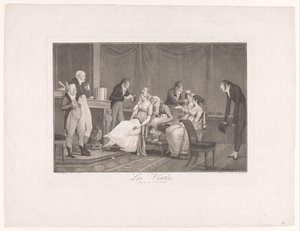 Gezelschap jonge vrouwen en mannen in een interieur door Philibert Louis Debucourt
