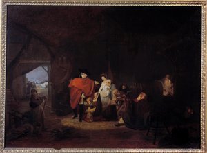 Menselijkheidstrek van Lodewijk XVI: winter 1784 de koning geeft aalmoes aan de inwoners van Versailles door Philibert Louis Debucourt