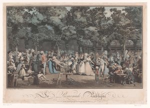 Elegant gezelschap in de Jardin du Palais Royal te Parijs door Philibert Louis Debucourt