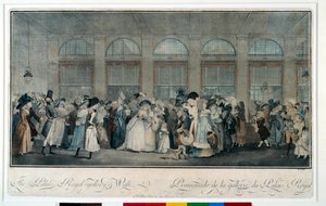 Wandeling door de galerij van het koninklijk paleis in 1787 door Philibert Louis Debucourt