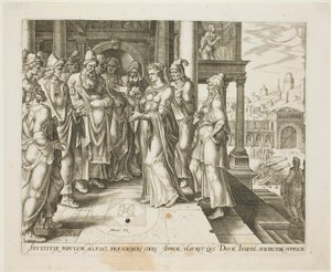 Judith Spreekt de Ouderen van Bethulia Toe, plaat drie uit Het Verhaal van Judith en Holofernes door Philip Galle