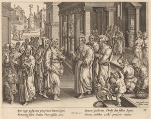 Sint Paulus betwist de tovenaar door Philip Galle after Jan van der Straet
