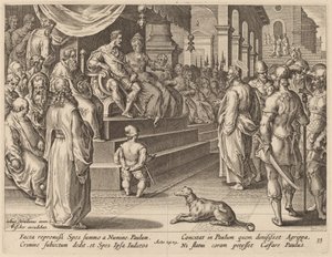 Sint Paulus voor Festus en Agrippa door Philip Galle after Jan van der Straet