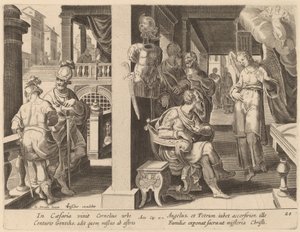 De Engel beveelt Cornelius om Sint Petrus te halen door Philip Galle after Jan van der Straet