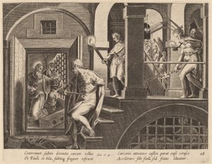 De cipier op het punt zichzelf te doden, bekeerd door Sint Paulus door Philip Galle after Jan van der Straet