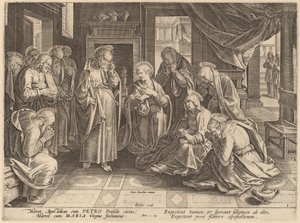 De Ontmoeting van de Apostelen en de Vrouwen in de Bovenkamer door Philip Galle after Jan van der Straet