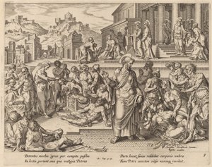 Sint Petrus geneest de zieken met zijn schaduw door Philip Galle after Maerten van Heemskerck