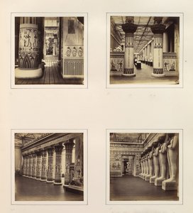 Uitzicht over de Egyptische hof, uitzicht door Egyptische zuilen naar klassieke sculpturen, ca. 1859 door Philip Henry Delamotte.