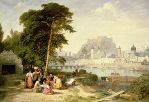 Stad Salzburg, het paleis van de aartsbisschop op de rots door Philip Hutchins Rogers