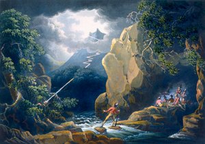 De bliksemschicht: gevangen in een bergstorm, pub. 1805 door Philip James